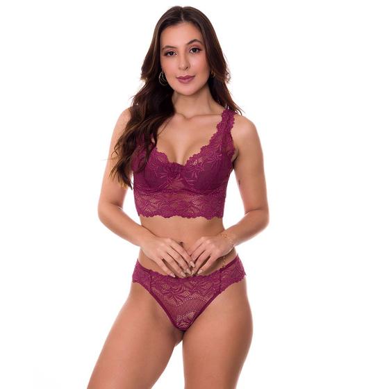 Imagem de Conjunto Cropped Lingerie Calcinha Sutiã em Renda Sem Bojo Estilo Sedutor - CL4821