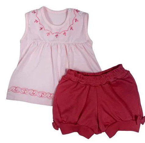 Imagem de Conjunto curto bebê bata rosa bordado flores e shorts rosa com laço na lateral