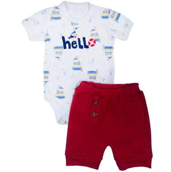 Imagem de Conjunto curto bebê body branco estampado barcos bordado hello e shorts vermelho bordado pássaro