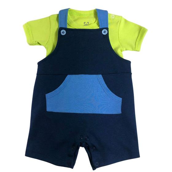 Imagem de Conjunto curto bebê body verde limão liso e jardineira azul marinho lisa com bolso e botões na alça