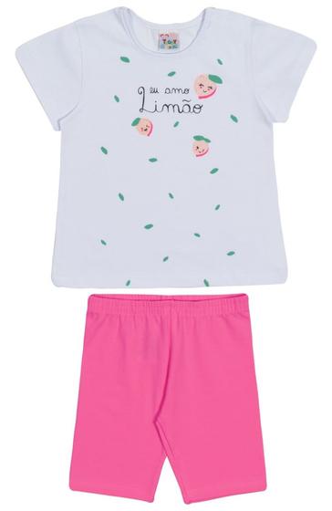 Imagem de Conjunto curto infantil camiseta branco estampado e shorts ciclista rosa pink liso