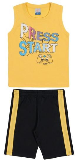 Imagem de Conjunto curto infantil camiseta regata amarelo estampada e shorts em moletinho preto com faixa lateral amarelo