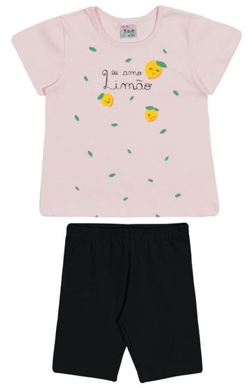 Imagem de Conjunto curto infantil camiseta rosa estampado e shorts ciclista preto liso