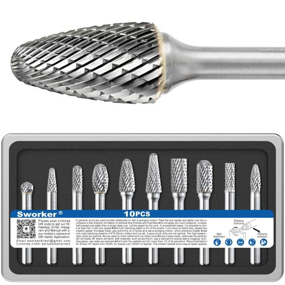Imagem de Conjunto de 10 Rebarbas de Metal Duro Sworker com Haste de 1/4"