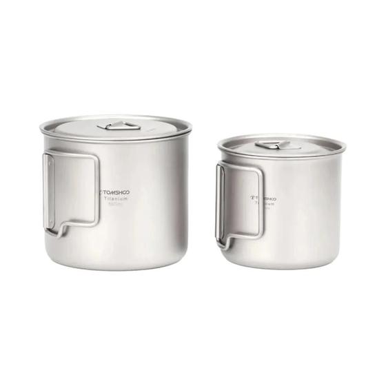 Imagem de Conjunto de 2 Copos de Titânio Ultraleves (450ml e 750ml) com Alça Dobrável - Portátil para Acampamento