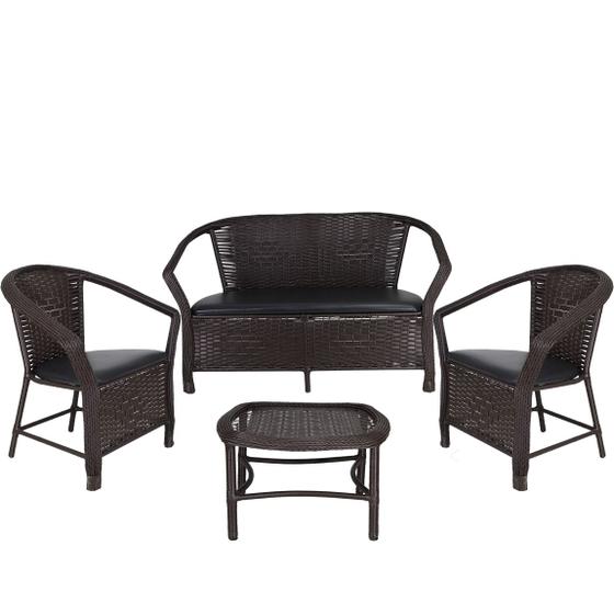 Imagem de Conjunto de 2 Poltronas e Namoradeira Assento Estofado com Mesa Fibra Sintética - Preto Tabaco - Navegantes