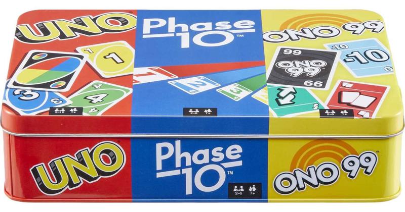 Imagem de Conjunto de 3 jogos Mattel Games UNO, Phase 10 e ONO 99 com caixa de lata