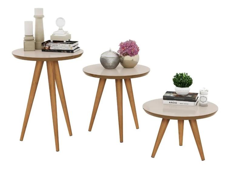 Conjunto de 3 Mesas para Sala Retrô com Pés Palito Classic - Off White / Freijo Menor preço em Conjunto de 3 Mesas para Sala Retrô com Pés Palito Classic - Off White / Freijo