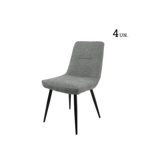 Imagem de Conjunto de 4 Cadeiras de Aço Estofada Emma - Preto c/ Linho Granulado Cinza