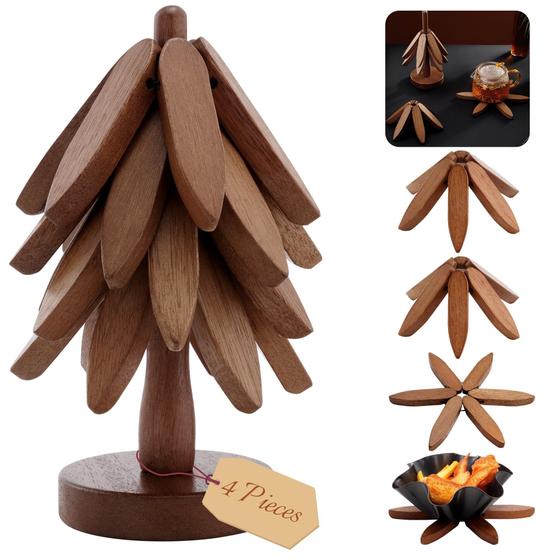 Imagem de Conjunto de 4 Coasters de Madeira FONYICK - Design de Árvore com Suporte Sapele
