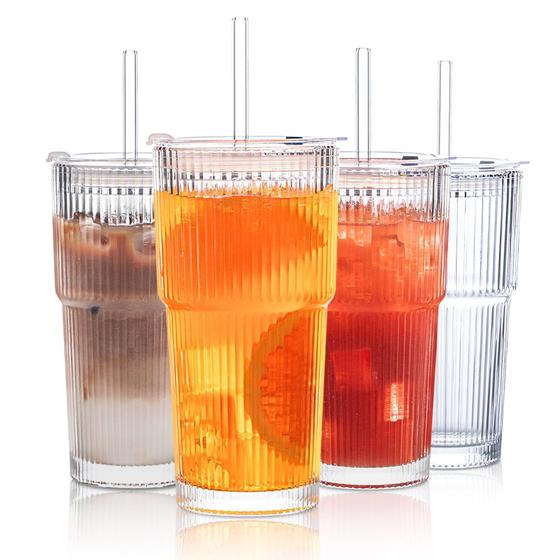 Imagem de Conjunto de 4 Copos de Vidro INSETLAN 600ml com Tampa e Canudo