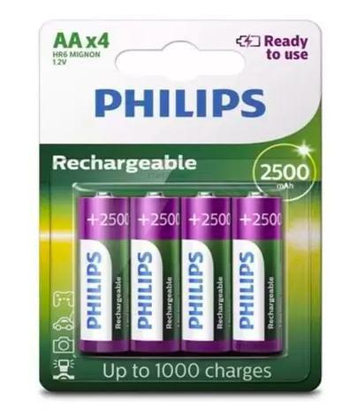 Imagem de Conjunto de 4 Pilhas AA Recarregáveis Philips 2500mah