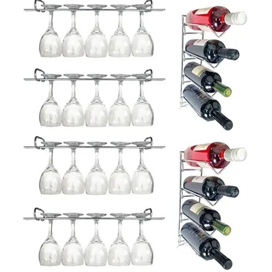 Imagem de Conjunto de 4 Suportes 25cm para Taças e 2 Adegas de Parede para Vinho Duler Aço Cromado