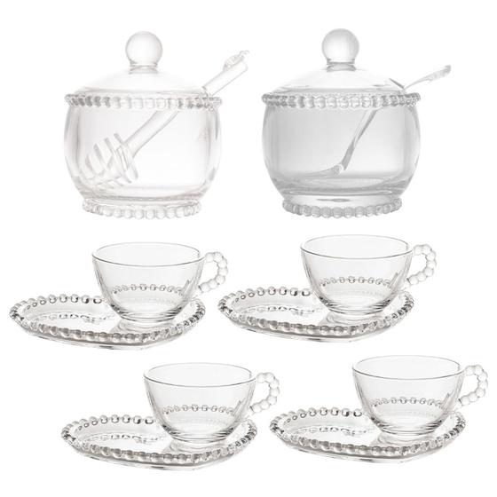 Imagem de Conjunto De 4 Xícaras Com Pires Para Chá 180ml Com Meleira E Açucareiro