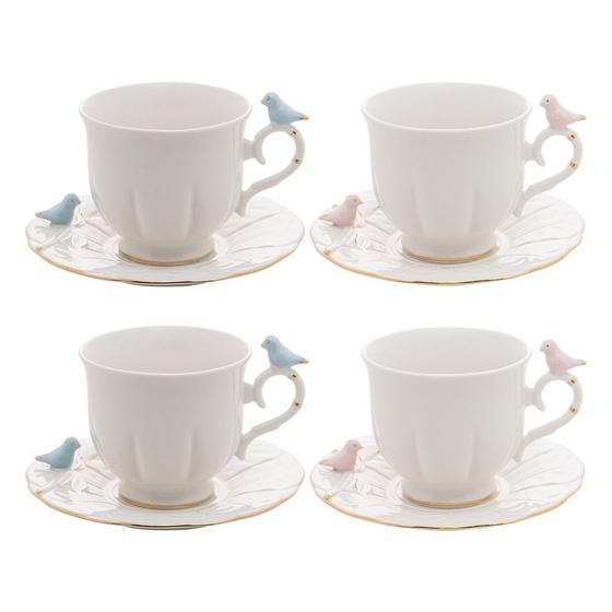 Imagem de Conjunto de 4 Xícaras de Chá com Pires de Porcelana Birds 200ml - Wolff