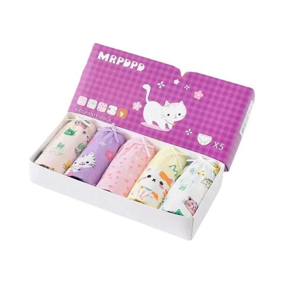 Imagem de Conjunto de 5 Calcinhas de Algodão para Meninas - Estampa de Gato - Conforto e Maciez