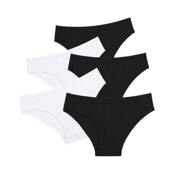 Imagem de Conjunto de 5 Cuecas Plus Size Listradas com Nervuras de Algodão - Lingerie Feminina Elástica e Macia