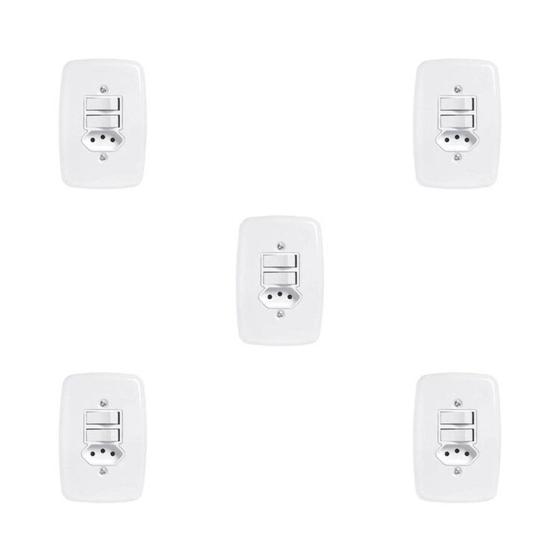 Imagem de Conjunto de 5 Interruptores de 2 Teclas Simples e Tomada 2p+t 20A , com Placa 4x2 Branco