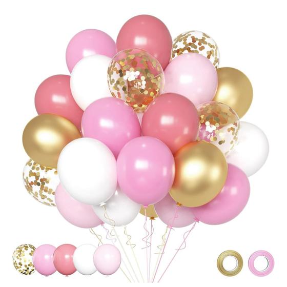 Imagem de Conjunto de 50 Balões de Confete Rosa e Dourado AIOZX - 30cm com Fitas