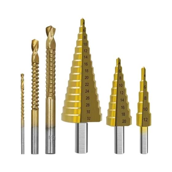 Imagem de Conjunto de 6 Brocas de Titânio HSS para Metal, Ferro e Madeira (4-12mm, 4-20mm, 4-32mm)