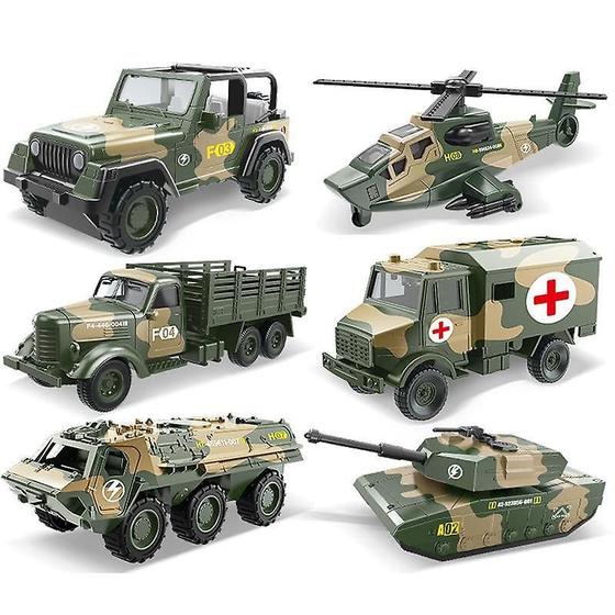 Imagem de Conjunto de 6 Miniaturas de Veículos Militares - Tanque, Blindado, Ambulância e Off-Road