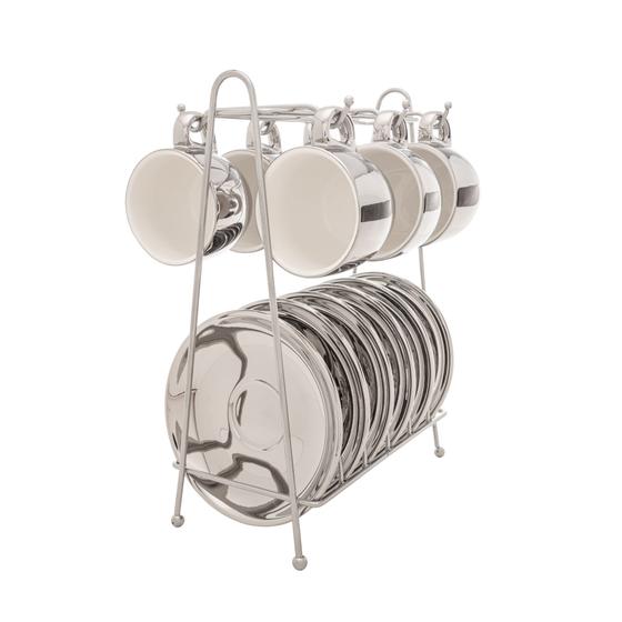 Imagem de Conjunto de 6 Xícaras de Café com Pires de Porcelana e Suporte Versa Prata 90ml - Wolff