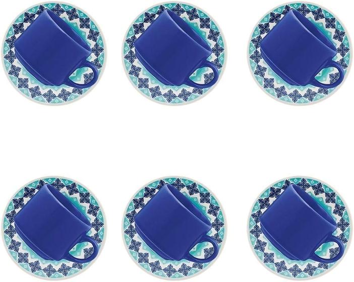 Imagem de Conjunto de 6 xícaras de chá Donna Biona jogo com xícara e pires cerâmica Azul 200ml