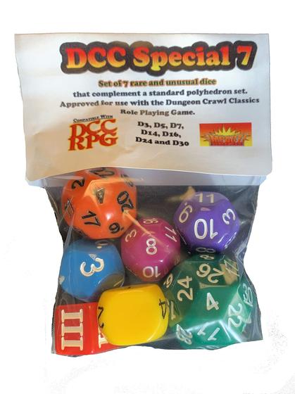 Imagem de Conjunto de 7 Dados de RPG Raros e Incomuns - Aprovado para Dungeon Crawl Classics (DCC)