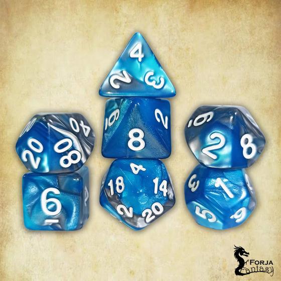 Imagem de Conjunto de 7 dados - Mesclado Azul Celeste-Cinza - RPG