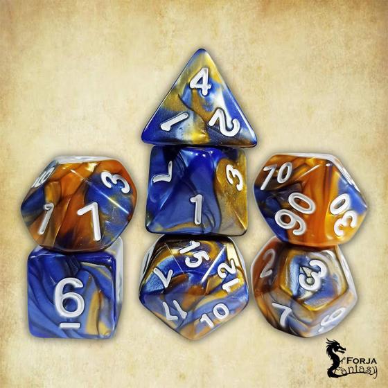 Imagem de Conjunto de 7 dados - Mesclado Azul-Dourado - RPG