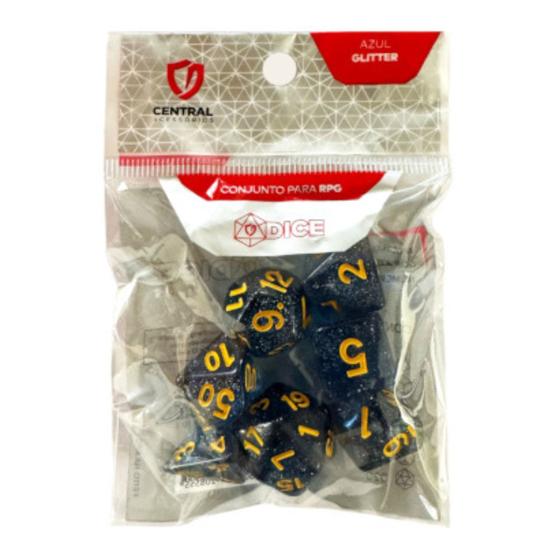 Imagem de Conjunto de 7 Dados RPG  Glitter Azul e Dourado  Central