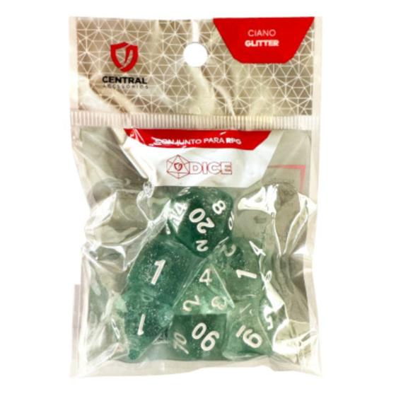 Imagem de Conjunto de 7 Dados RPG  Glitter Ciano e Branco  Central