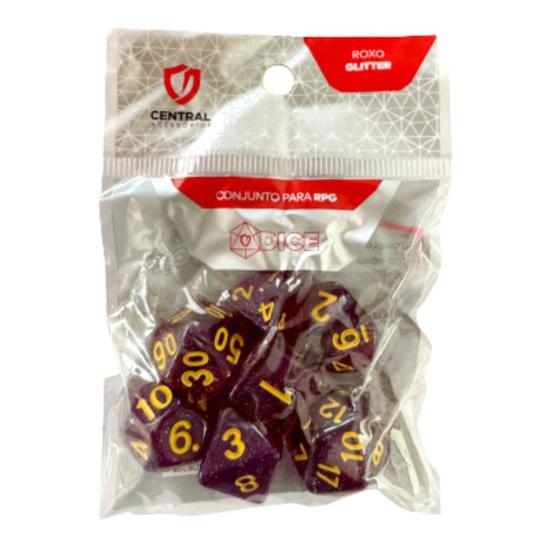 Imagem de Conjunto de 7 Dados RPG  Glitter Roxo e Dourado  Central