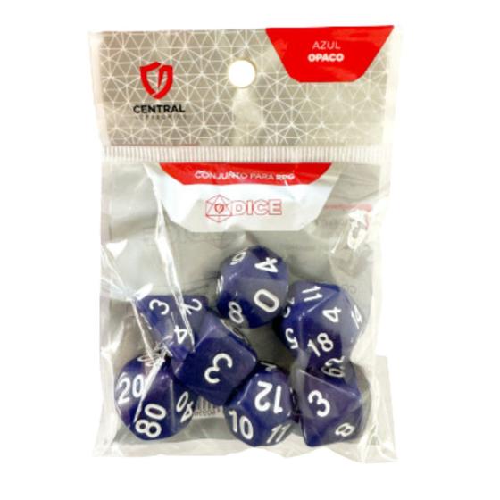 Imagem de Conjunto de 7 Dados RPG  Opaco Azul e Branco  Central