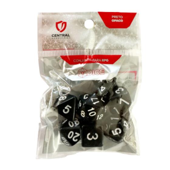 Imagem de Conjunto de 7 Dados RPG  Opaco Preto e Branco  Central