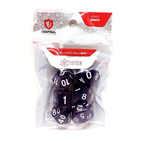 Imagem de Conjunto de 7 Dados RPG  Opaco Roxo e Branco  Central