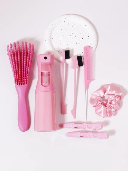 Imagem de Conjunto De 8 Escovas De Cabelo Pretas Com Frasco De Spray, Pente De Rabo De Rato, Design De Borda E