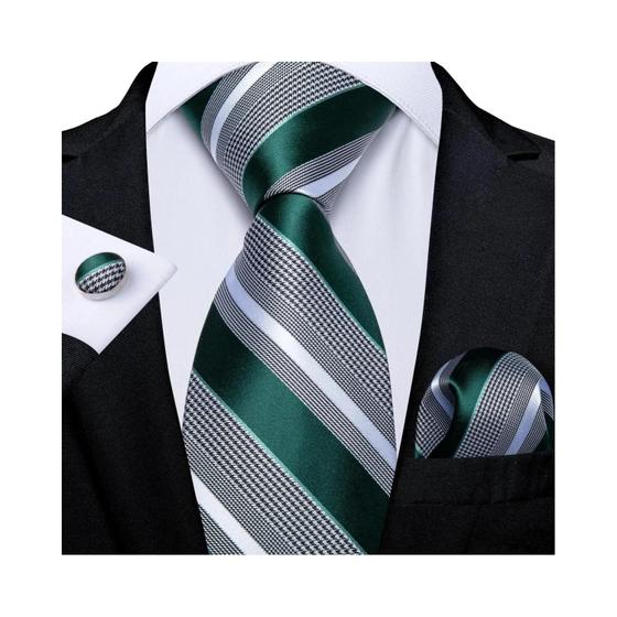 Imagem de Conjunto de Abotoaduras e Gravata Listrada Azul com Lenço de Bolso para Homem