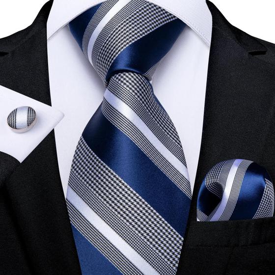 Imagem de Conjunto de Abotoaduras e Gravata Listrada Azul com Lenço de Bolso para Homem