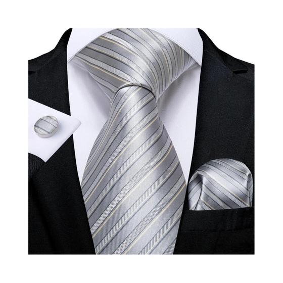 Imagem de Conjunto de Abotoaduras e Gravata Listrada Azul com Lenço de Bolso para Homem