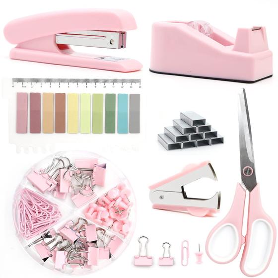 Imagem de Conjunto de acessórios de mesa UPIHO Pink para mulheres com grampeador e fita adesiva