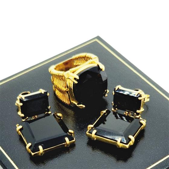 Imagem de Conjunto De Anel E Brincos Com Pedras Negras Banho De Ouro 18k 382 419