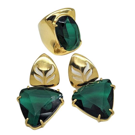 Imagem de Conjunto De Anel E Brincos Com Pedras Verde Esmeralda Banho De Ouro 18k 398 1068