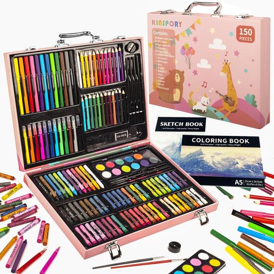 Imagem de Conjunto de arte KINSPORY 150 unidades com caderno de esboços, kit de colorir para crianças rosa