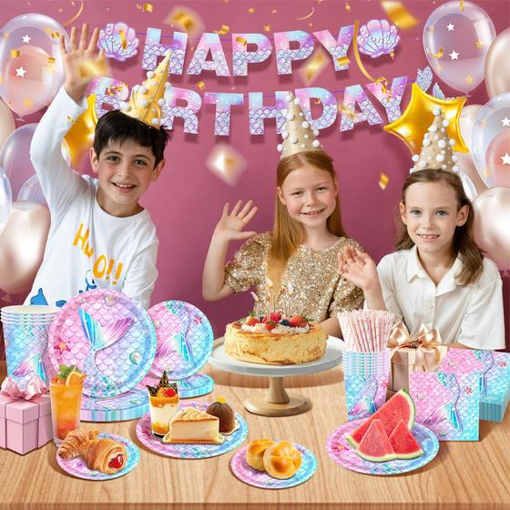 Conjunto de artigos de festa Mermaid Theme, 146 unidades para 24 pessoas - MIAOSHOUTAO