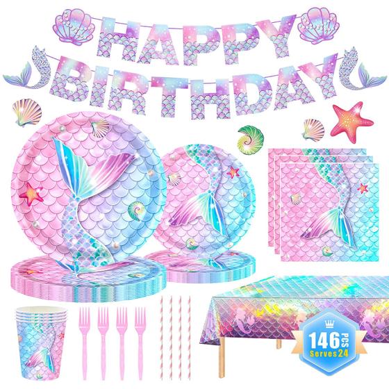 Conjunto de artigos de festa Mermaid Theme, 146 unidades para 24 pessoas - MIAOSHOUTAO