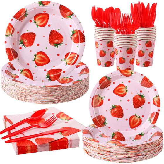 Conjunto de artigos de festa Ziliny Strawberry 350 unidades para 50 pessoas