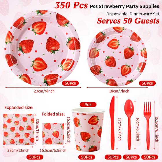 Conjunto de artigos de festa Ziliny Strawberry 350 unidades para 50 pessoas