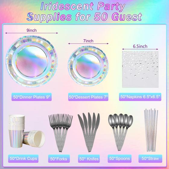 Conjunto de artigos para festas FunnyPars, pratos iridescentes, copos, guardanapos