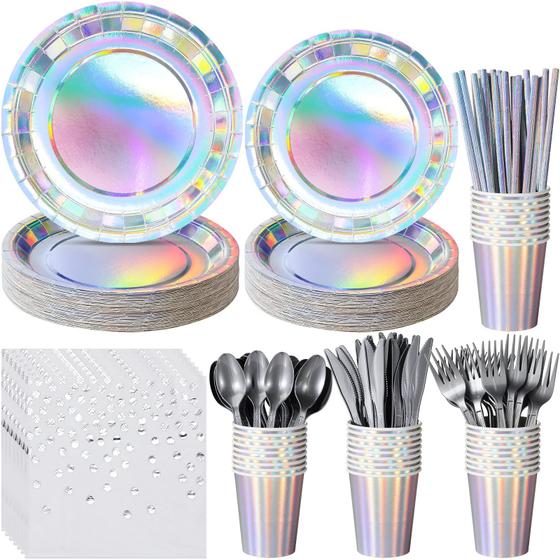 Conjunto de artigos para festas FunnyPars, pratos iridescentes, copos, guardanapos